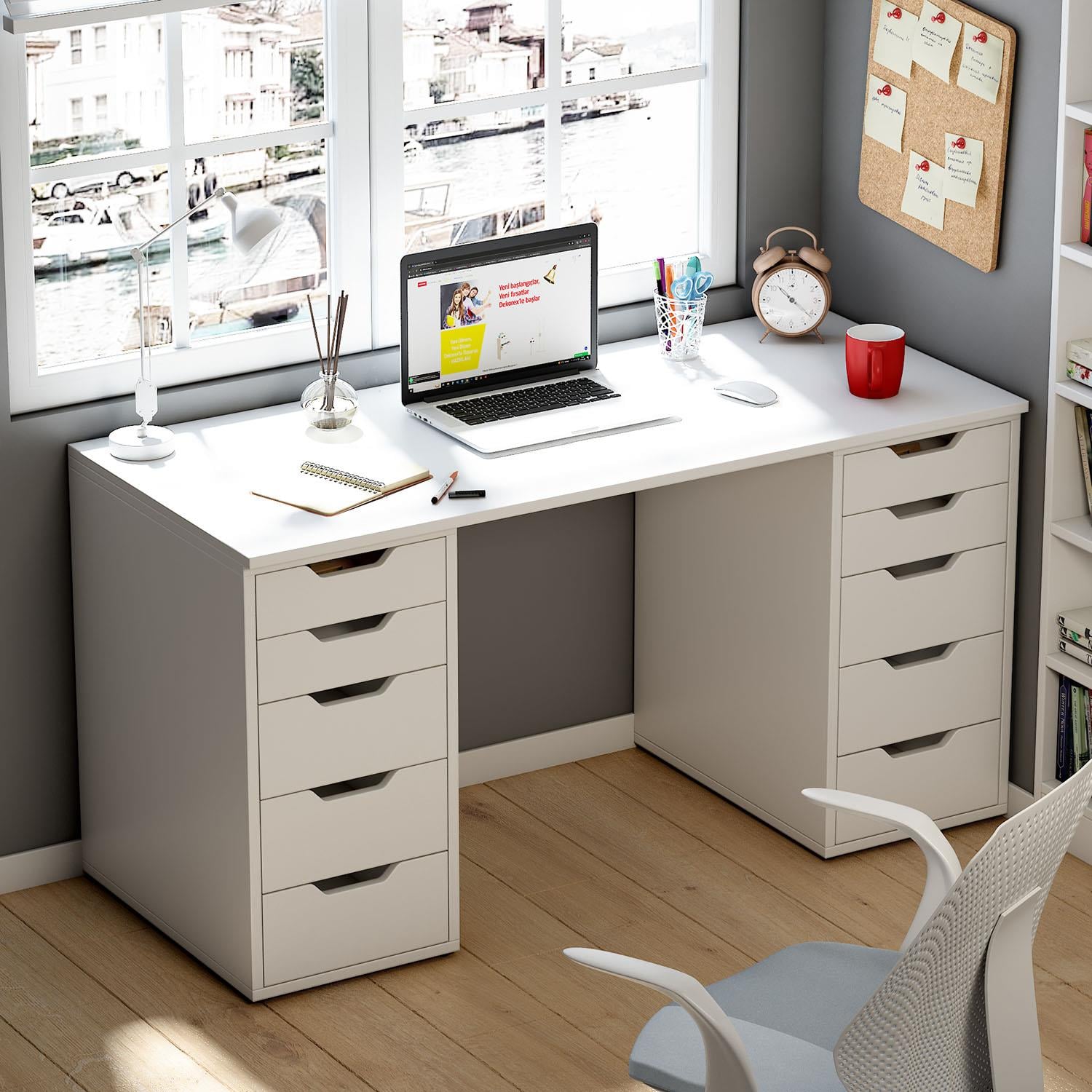 Dekorex CLM113-Beyaz 10 Çekmeceli Çalışma Masası