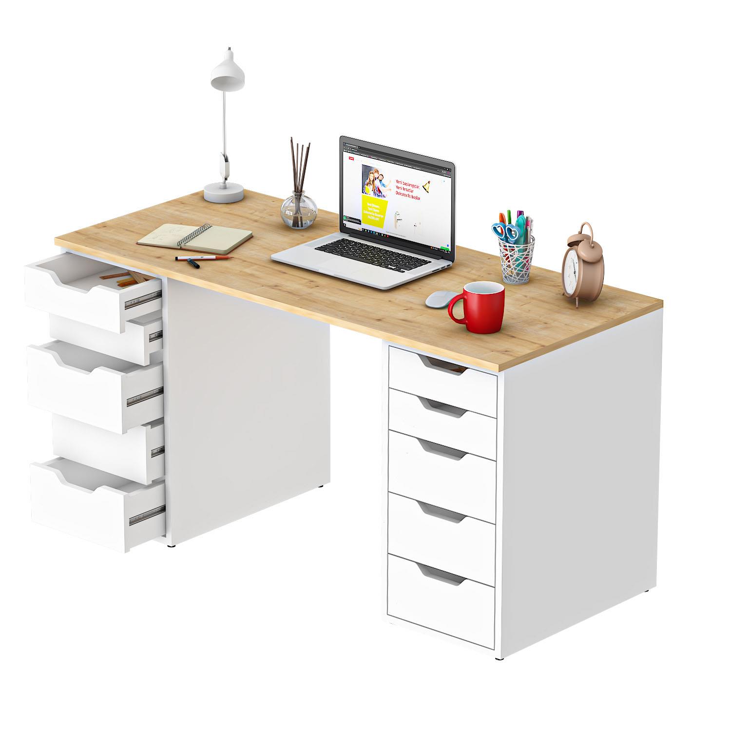Dekorex CLM113-Meşe 10 Çekmeceli Çalışma Masası