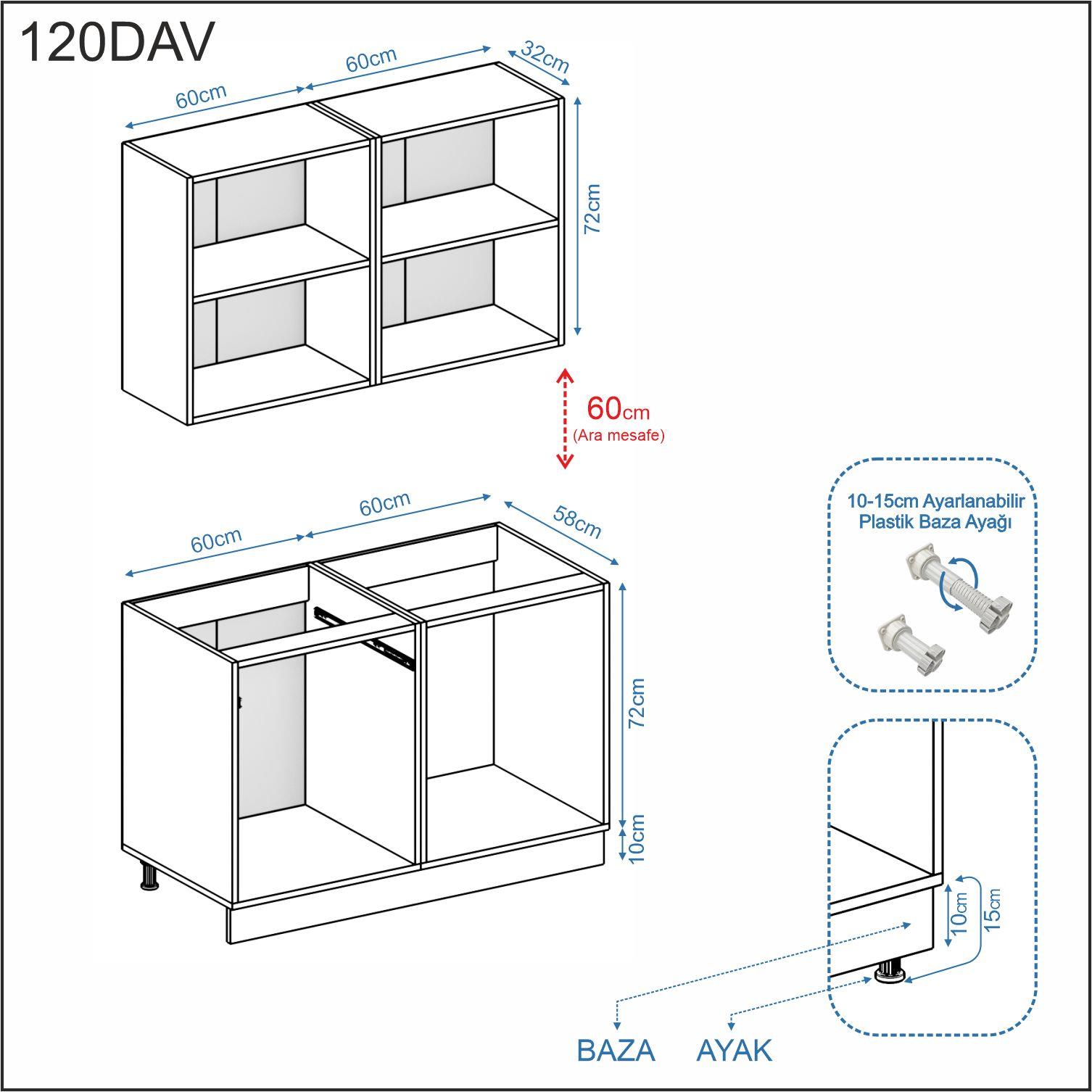 Dekorex Elsa Serisi 120 Cm Beyaz Meşe Tezgahlı Hazır Mutfak Ls-120dav-mt