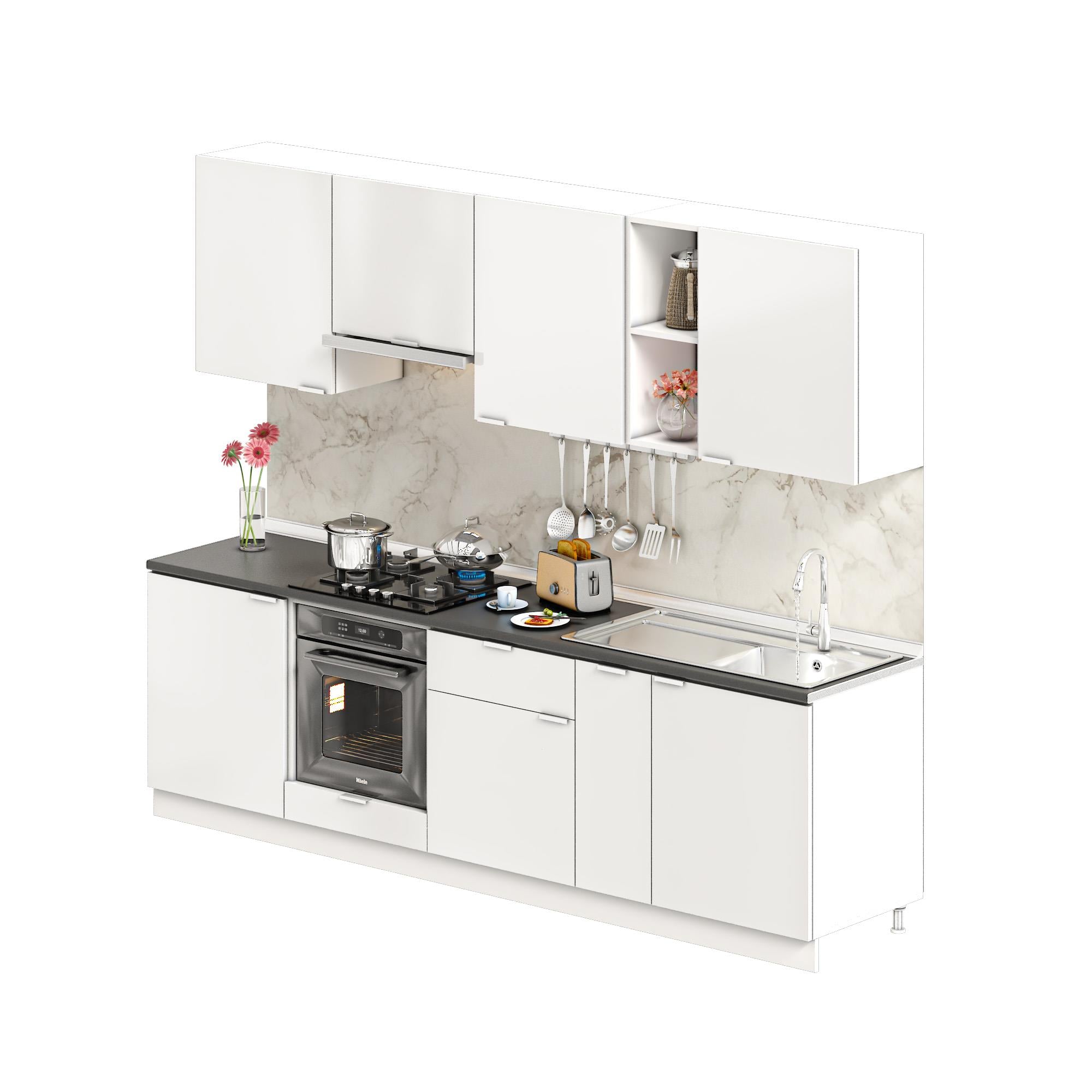 Dekorex Elsa Serisi 270 Cm Beyaz Aspiratör Ve Fırın Modüllü Siyah Tezgahlı Hazır Mutfak Ls-270asp-st