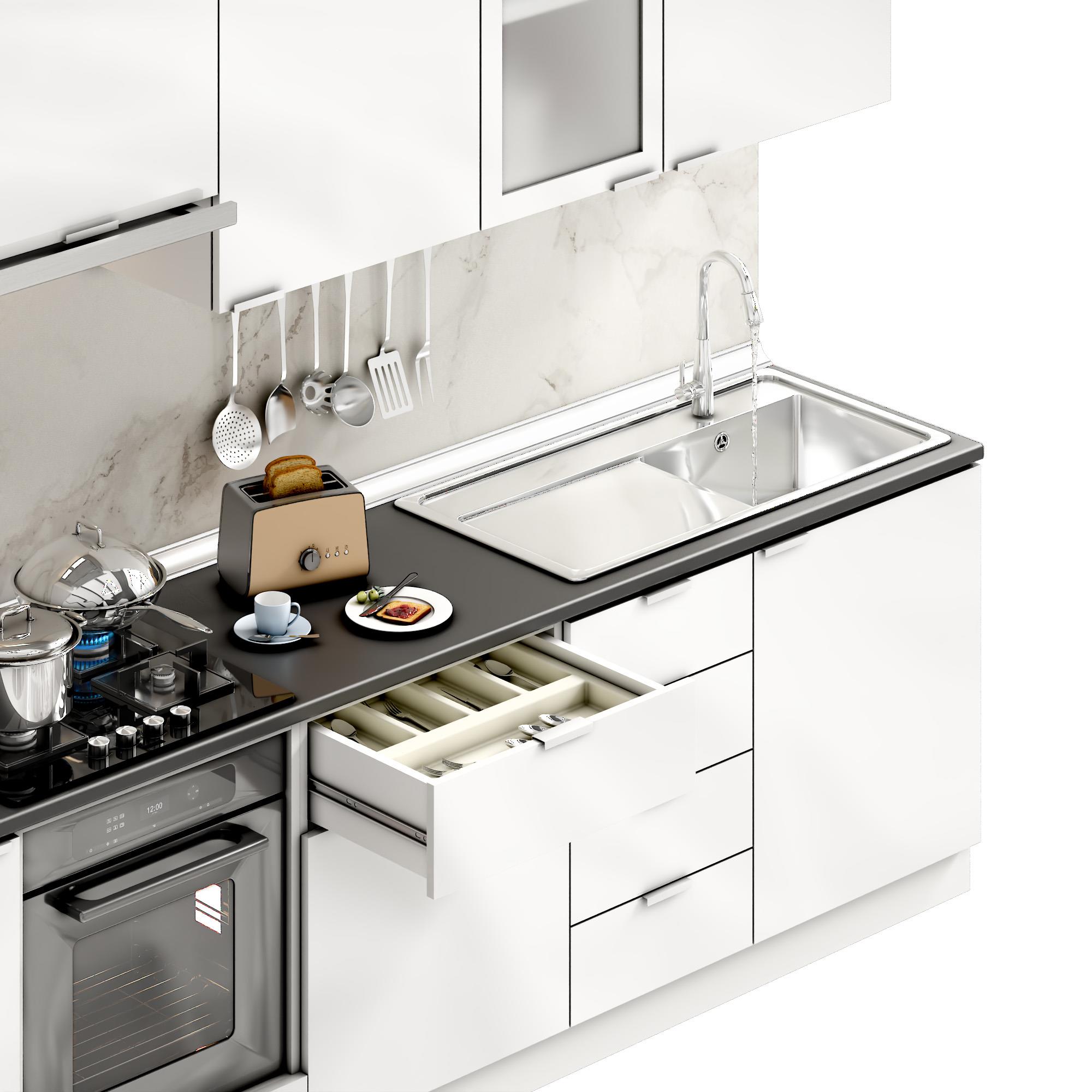 Dekorex Elsa Serisi 285 Cm Beyaz Aspiratör Ve Fırın Modüllü Siyah Tezgahlı Hazır Mutfak Ls-285asp-st