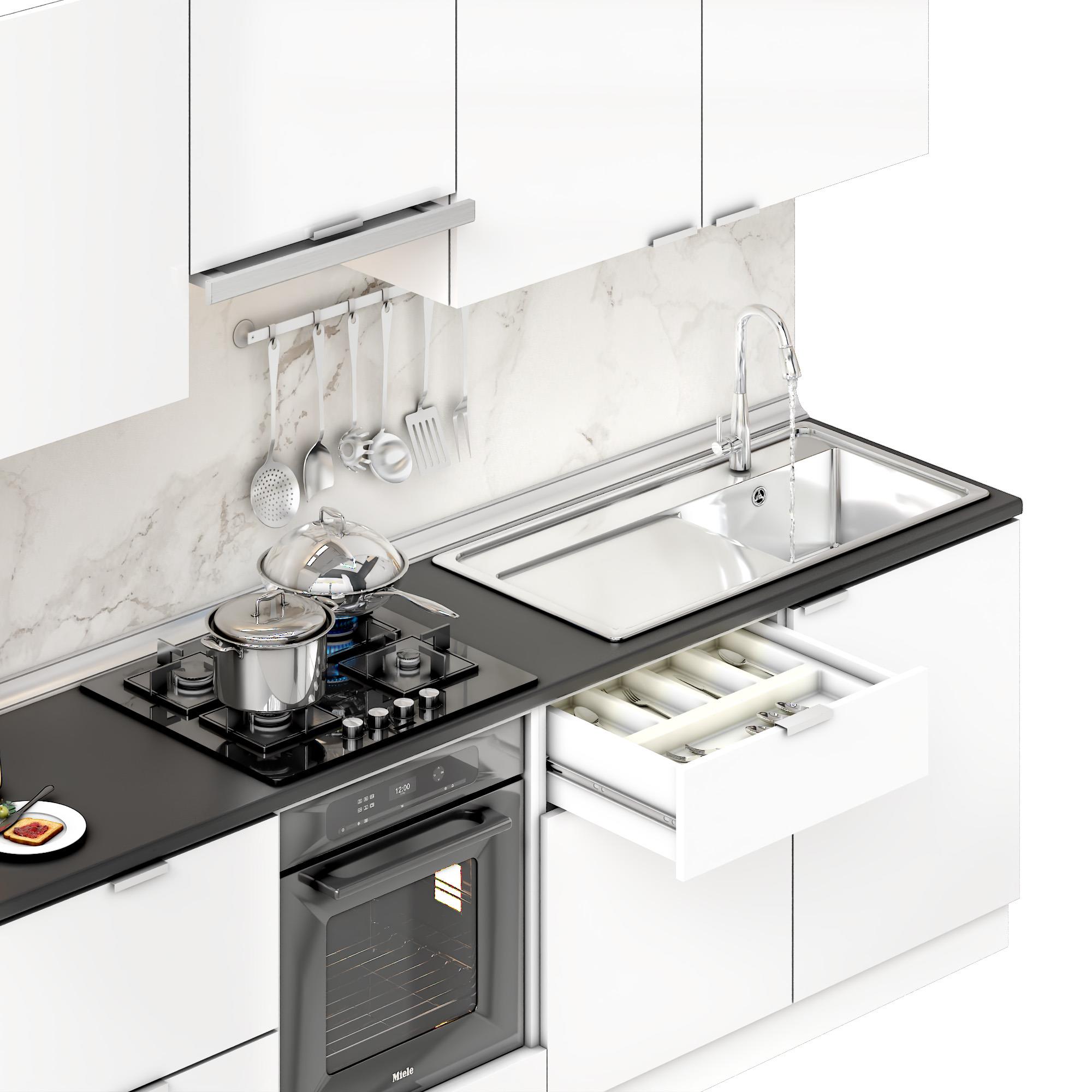Dekorex Elsa Serisi 300 Cm Beyaz Aspiratör Fırın Ve Çekmece Modüllü Siyah Tezgahlı Hazır Mutfak Ls-300asp-c-st