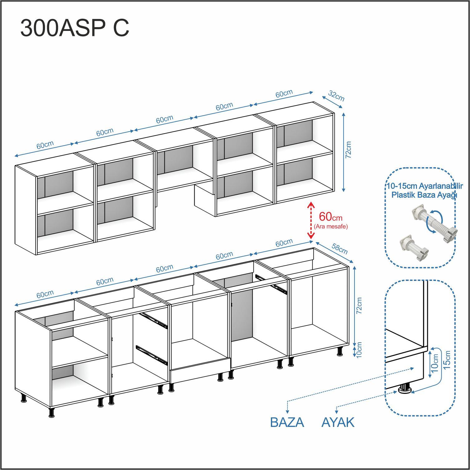Dekorex Elsa Serisi 300 Cm Beyaz Aspiratör Fırın Ve Çekmece Modüllü Siyah Tezgahlı Hazır Mutfak Ls-300asp-c-st
