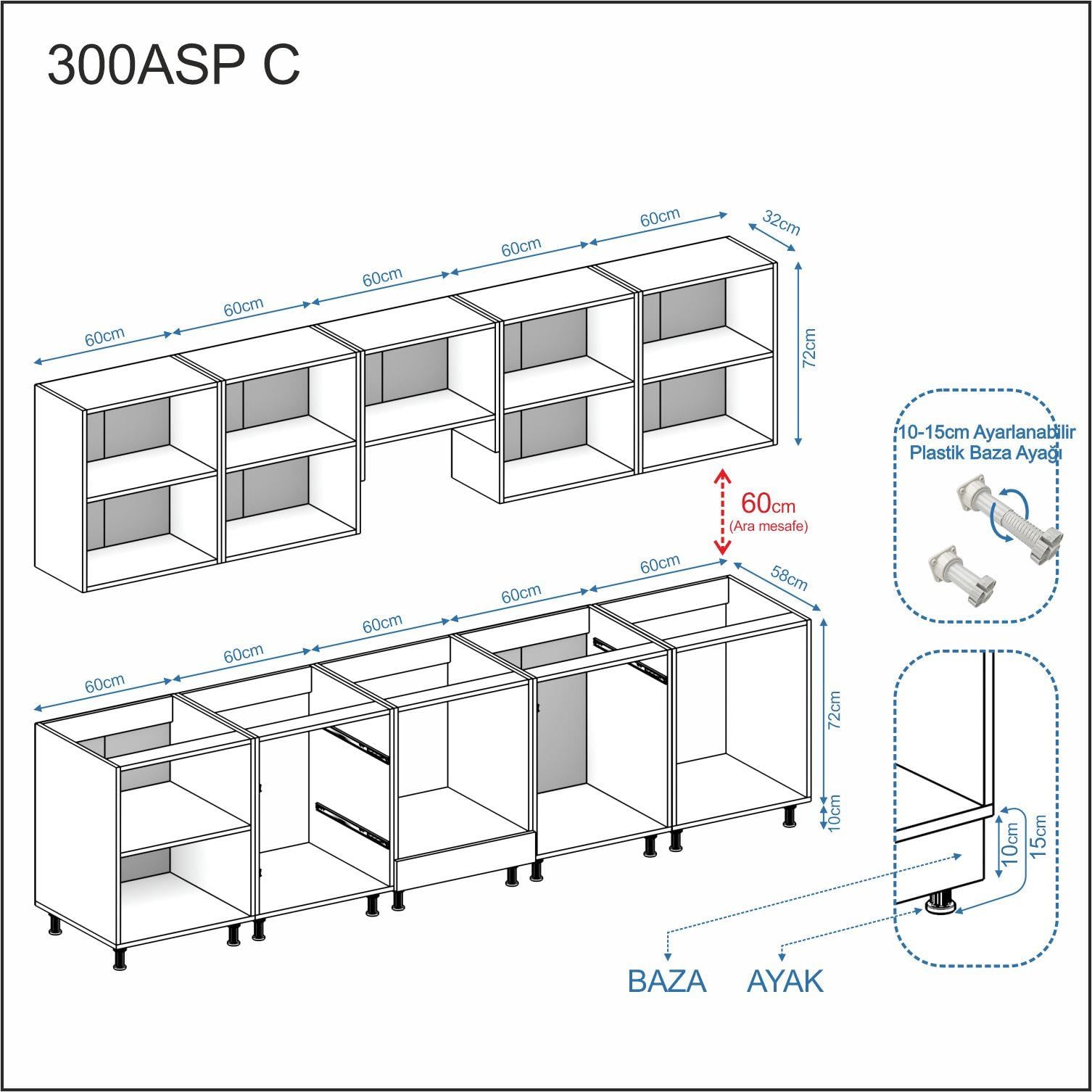 Dekorex Elsa Serisi 300 Cm Beyaz Aspiratör Fırın Ve Çekmece Modüllü Meşe Tezgahlı Hazır Mutfak Ls-300asp-c-mt
