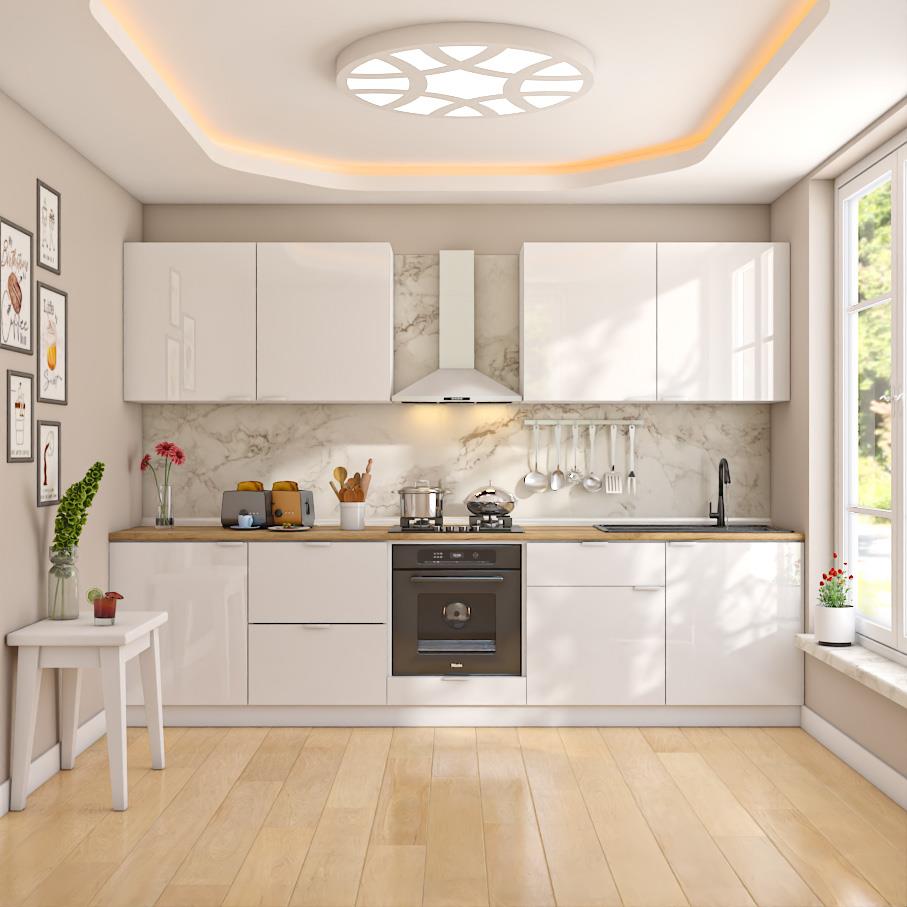 Dekorex Elsa Serisi 300 Cm Beyaz Fırın Ve Çekmece Modüllü Meşe Tezgahlı Hazır Mutfak Ls-300dav-c-mt