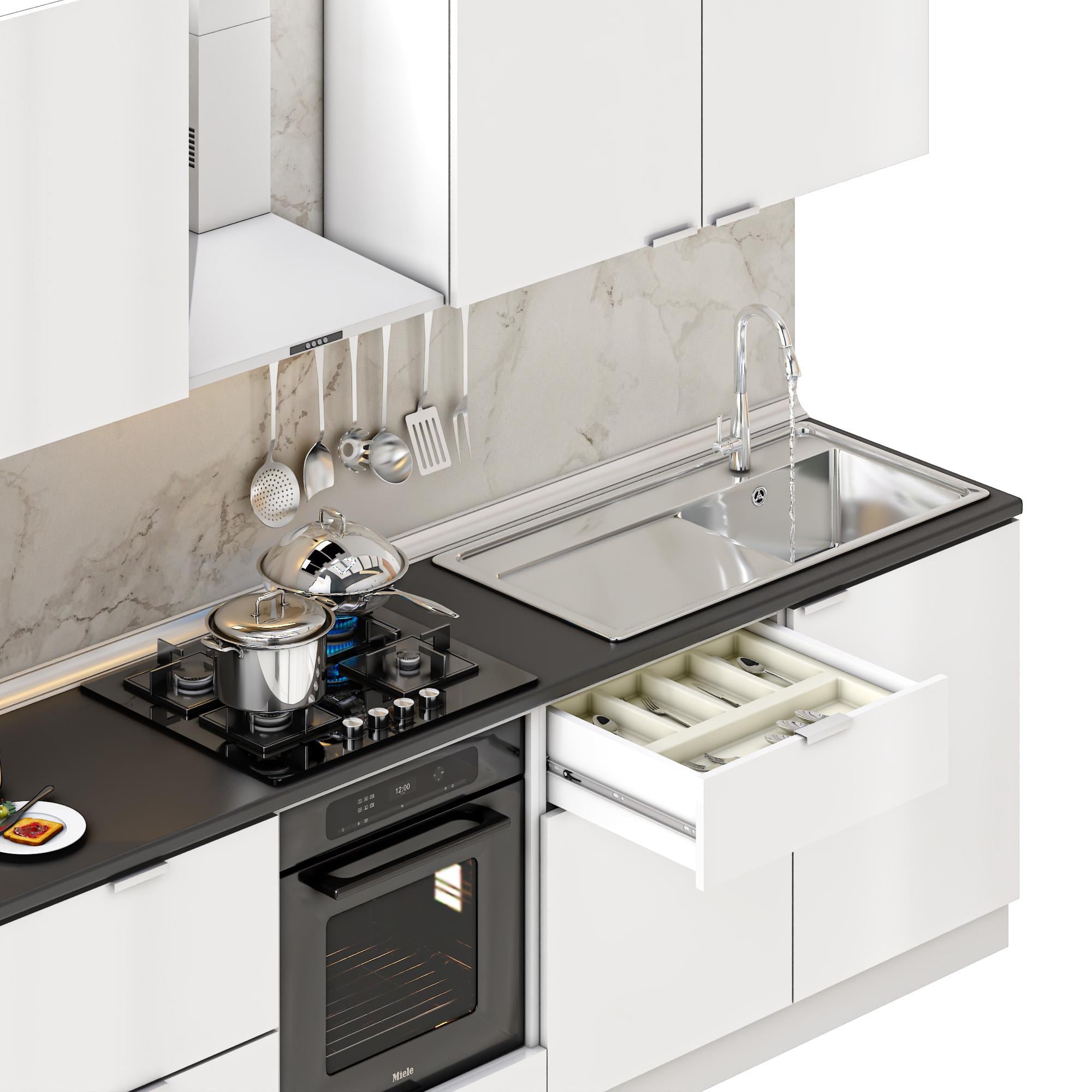 Dekorex Elsa Serisi 300 Cm Beyaz Fırın Ve Çekmece Modüllü Siyah Tezgahlı Hazır Mutfak Ls-300dav-c-st