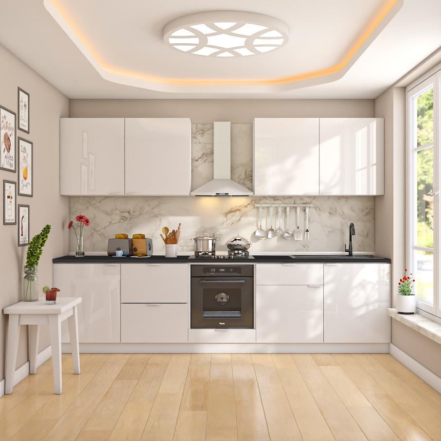 Dekorex Elsa Serisi 300 Cm Beyaz Fırın Ve Çekmece Modüllü Siyah Tezgahlı Hazır Mutfak Ls-300dav-c-st