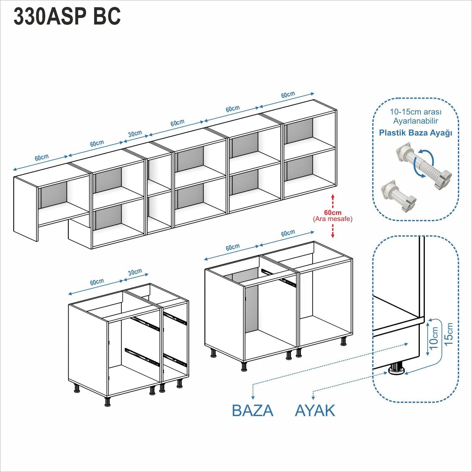 Dekorex Elsa Serisi 330 Cm Aspiratör Ve Çekmece Modüllü Meşe Tezgahlı Hazır Mutfak Ls-330asp-bc-mt