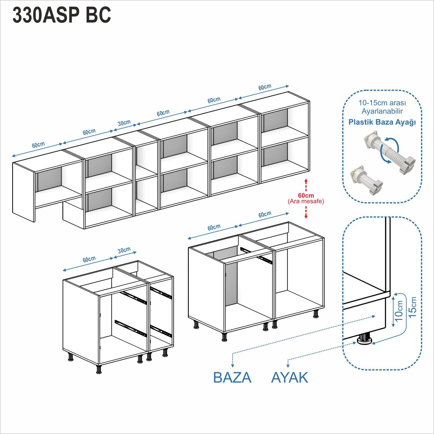 Dekorex Elsa Serisi 330 Cm Aspiratör Ve Çekmece Modüllü Siyah Tezgahlı Hazır Mutfak Ls-330asp-bc-st