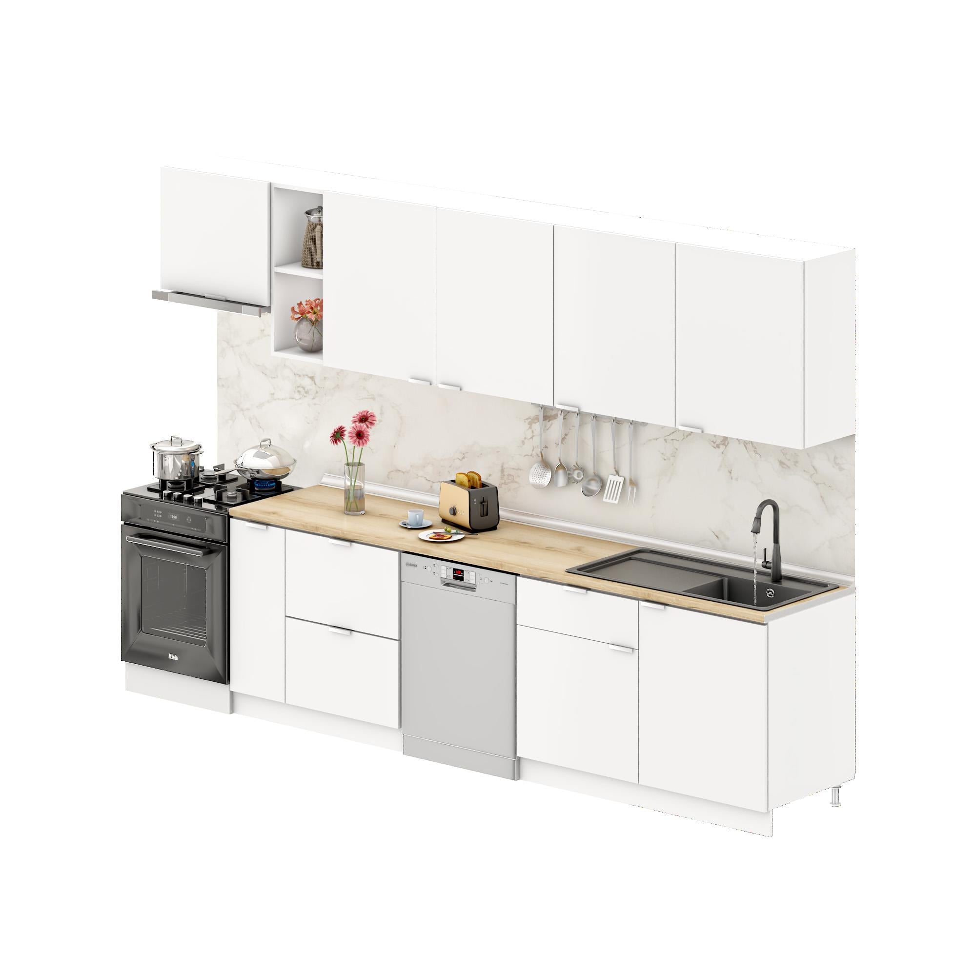 Dekorex Elsa Serisi 330 Cm Aspiratör Ve Çekmece Modüllü Meşe Tezgahlı Hazır Mutfak Ls-330asp-bc-mt