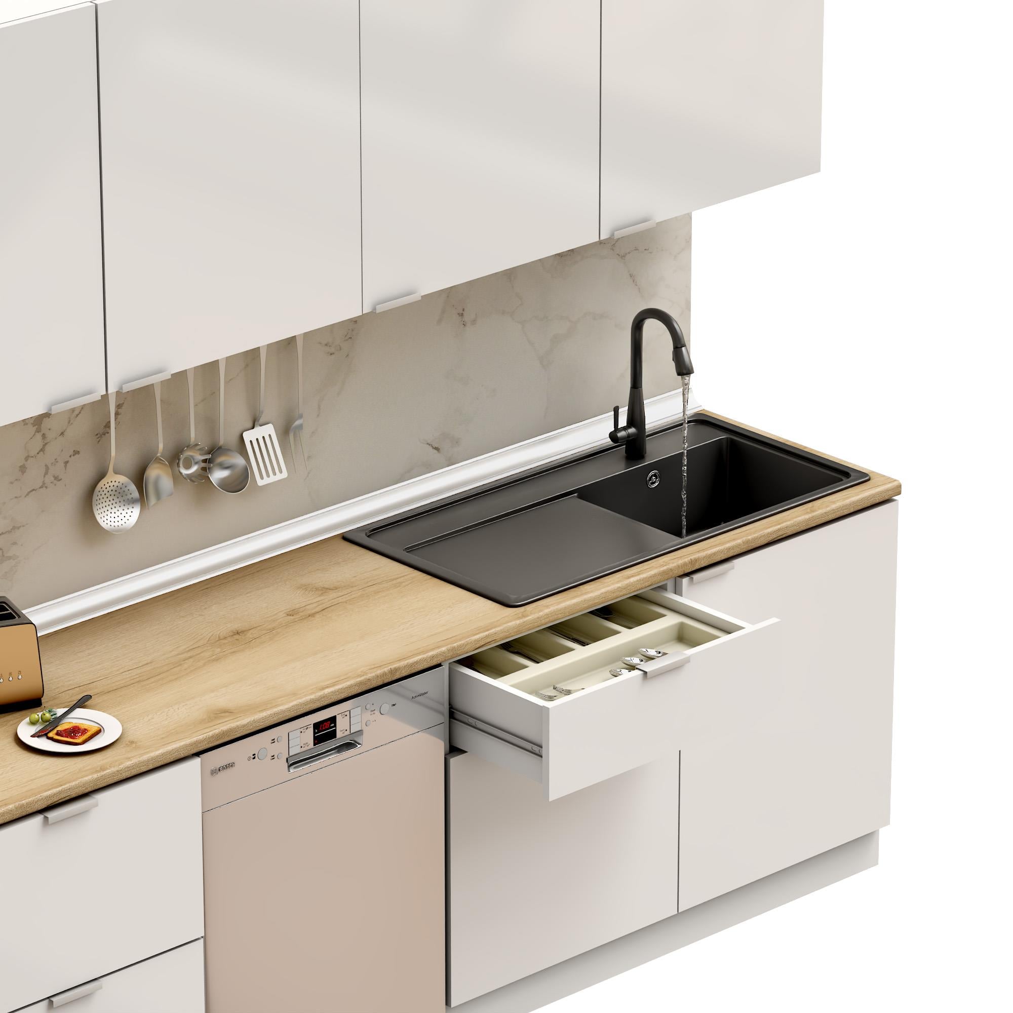 Dekorex Elsa Serisi 345 Cm Aspiratör Ve Çekmece Modüllü Meşe Tezgahlı Hazır Mutfak Ls-345asp-bc-mt