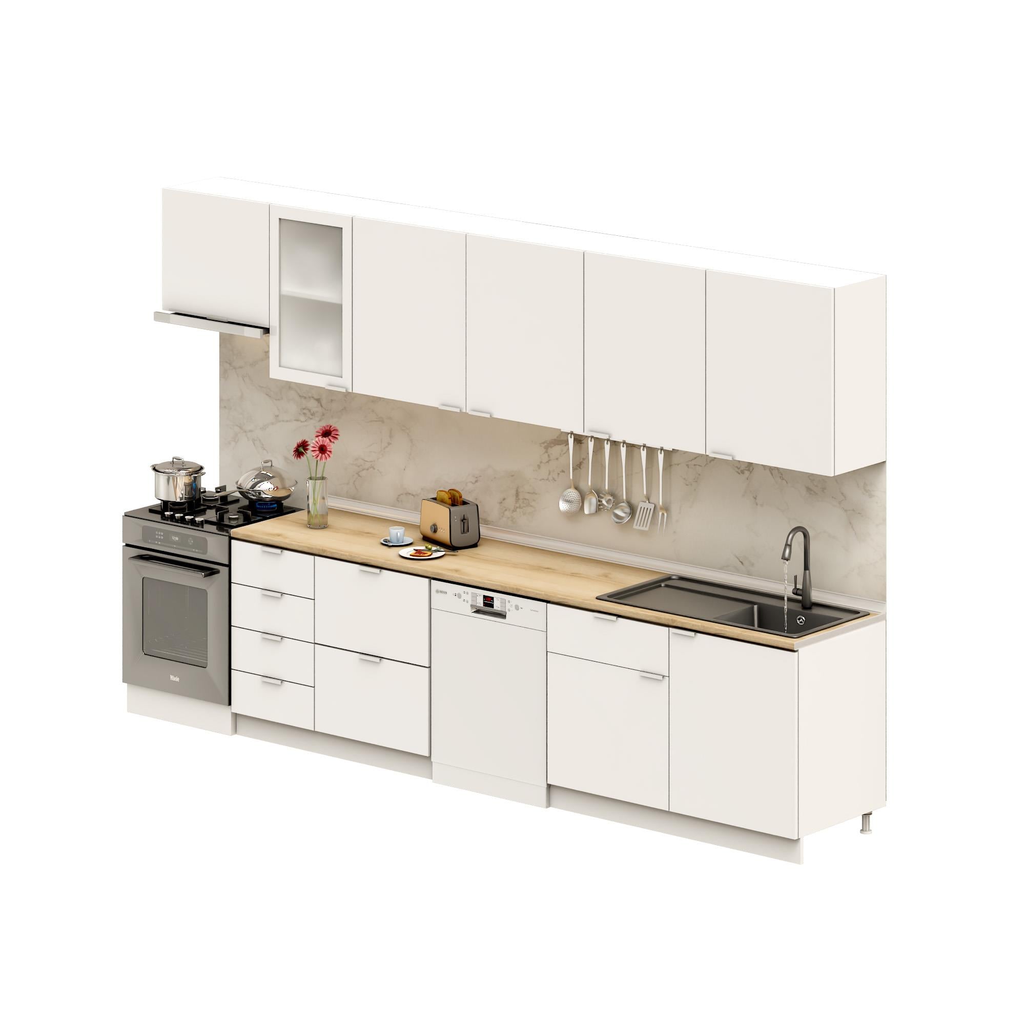 Dekorex Elsa Serisi 345 Cm Aspiratör Ve Çekmece Modüllü Meşe Tezgahlı Hazır Mutfak Ls-345asp-bc-mt