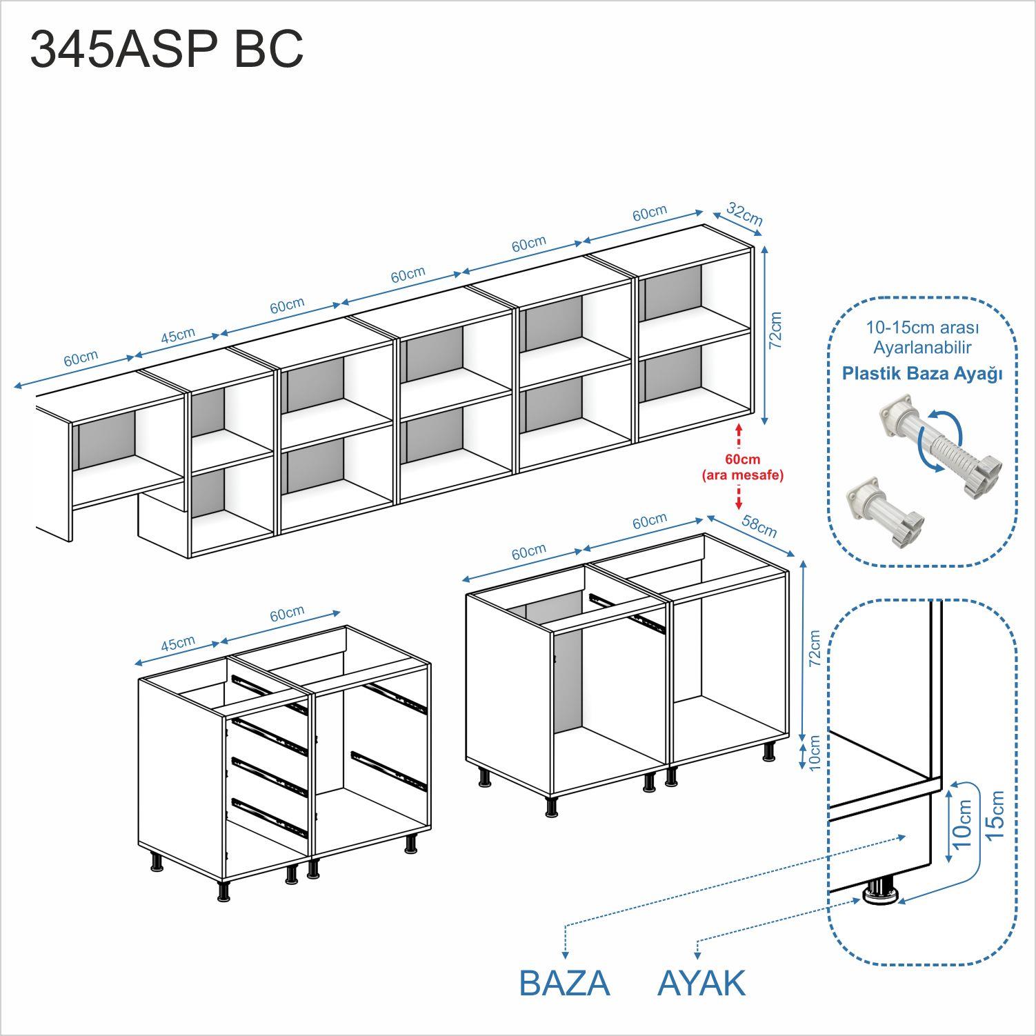 Dekorex Elsa Serisi 345 Cm Aspiratör Ve Çekmece Modüllü Siyah Tezgahlı Hazır Mutfak Ls-345asp-bc-st
