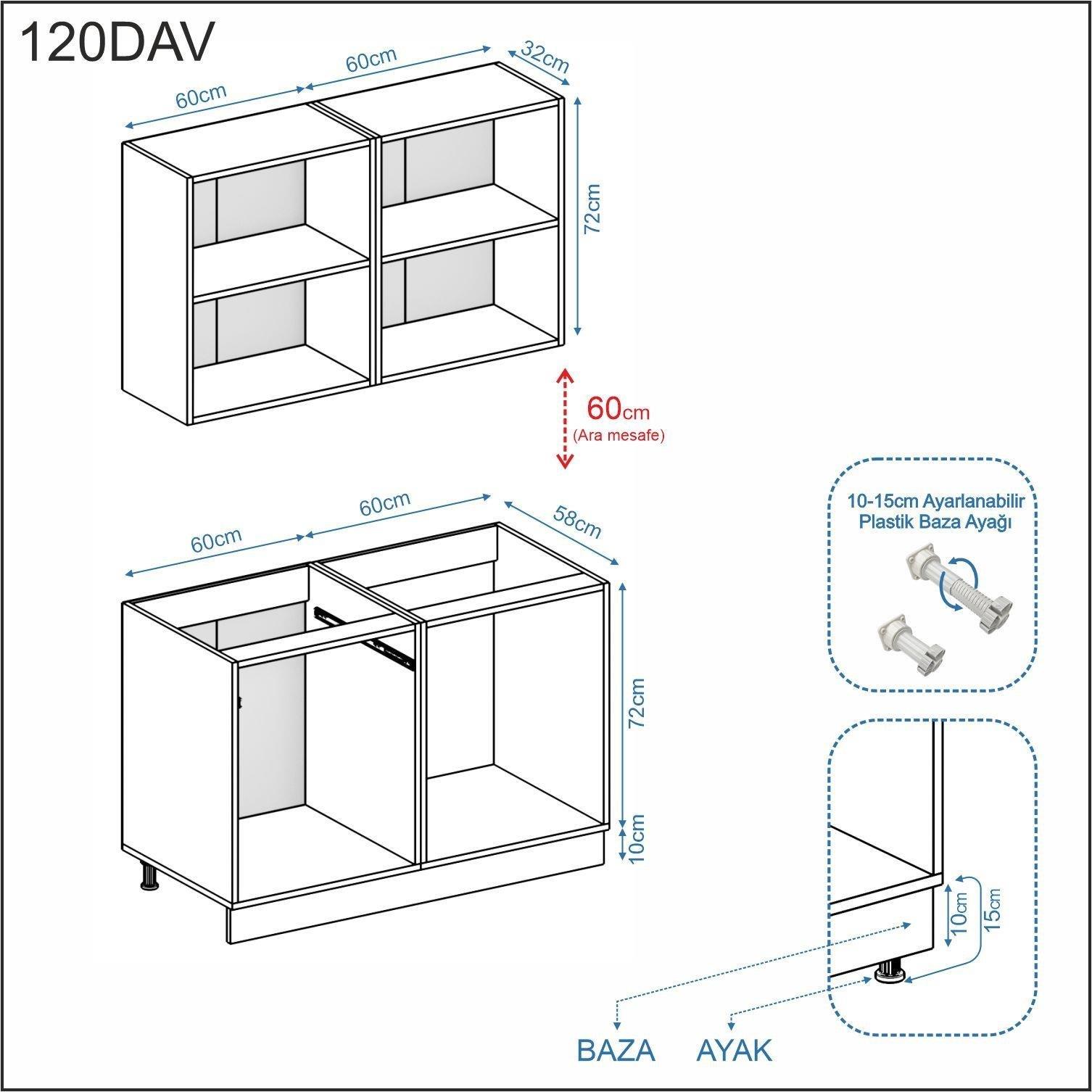Dekorex Pia Beyaz Antrasit 120 Cm Meşe Tezgahlı Hazır Mutfak PBA-120dav-mt