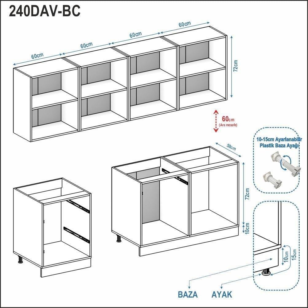 Dekorex Pia Beyaz Antrasit 240 Cm Çekmece Modüllü Meşe Tezgahlı Hazır Mutfak PBA-240dav-bc-mt