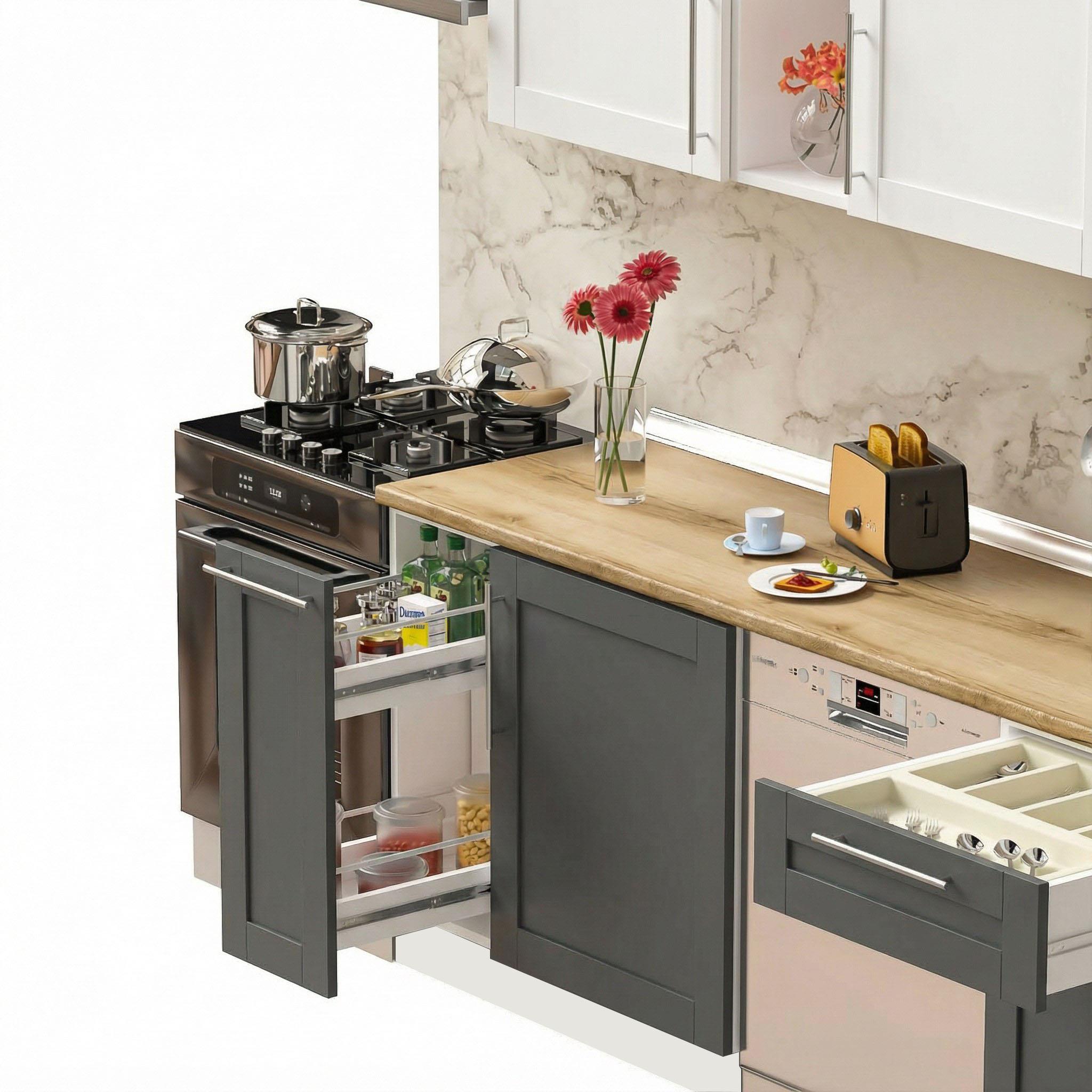 Dekorex Pia Beyaz Antrasit 330 Cm Aspiratör Ve Çekmece Modüllü Meşe Tezgahlı Hazır Mutfak Pba-330asp-bc-mt