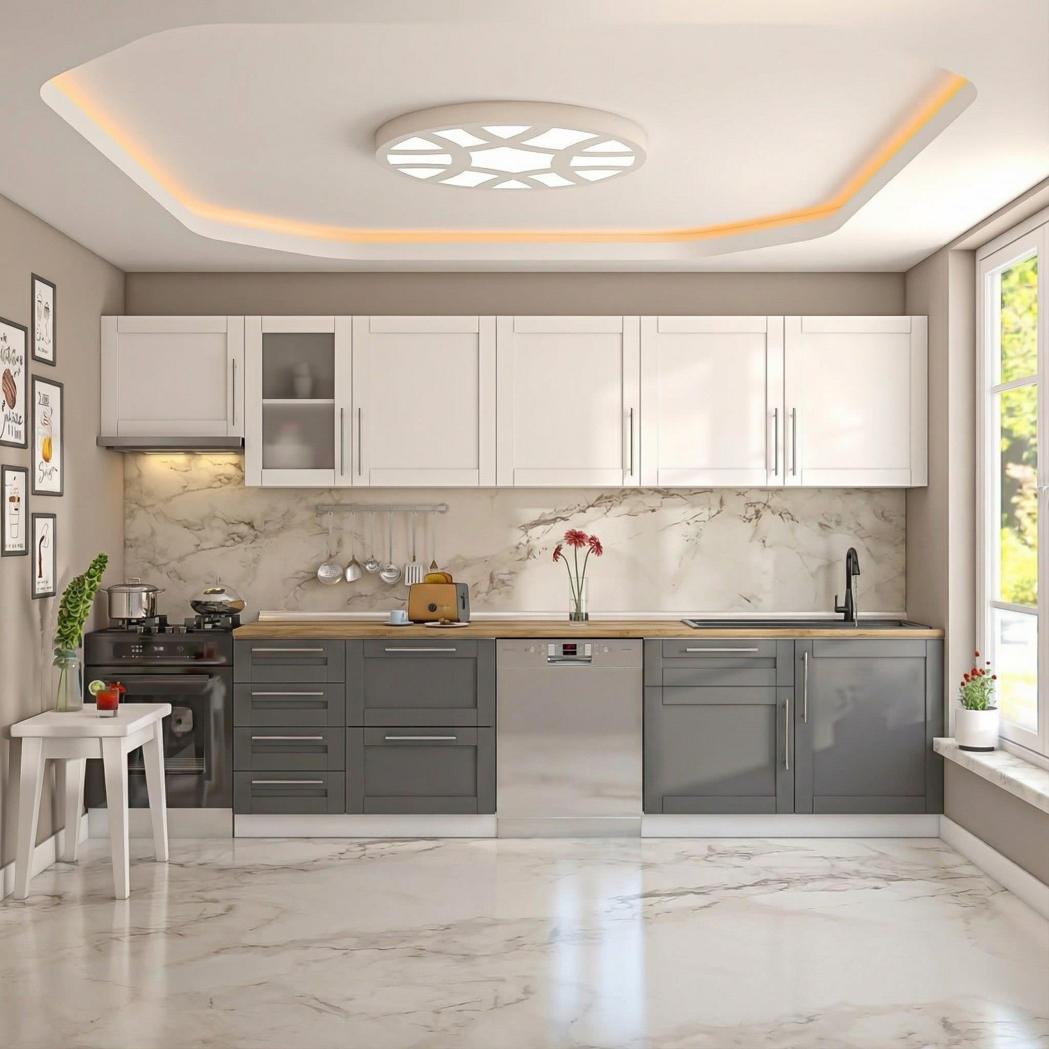 Dekorex Pia Beyaz Antrasit 345 Cm Aspiratör Ve Çekmece Modüllü Meşe Tezgahlı Hazır Mutfak Pba-345asp-bc-mt
