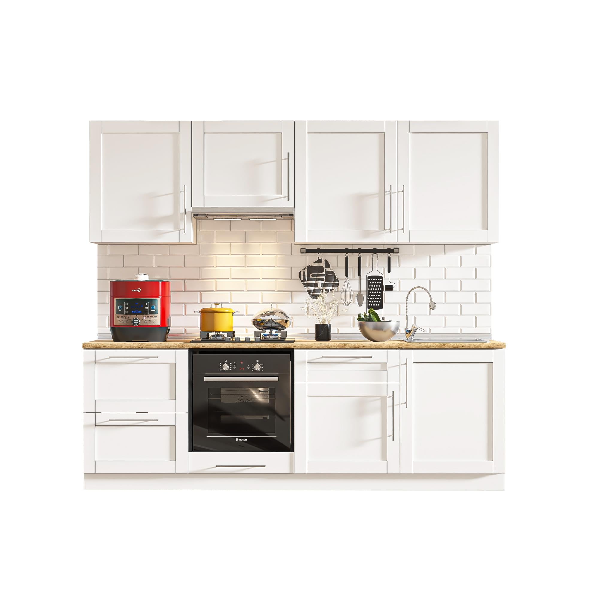 Dekorex Pia Beyaz Serisi 240 Cm Aspiratör Fırın Ve Çekmece Modüllü Meşe Tezgahlı Hazır Mutfak Pb-240asp-c-mt
