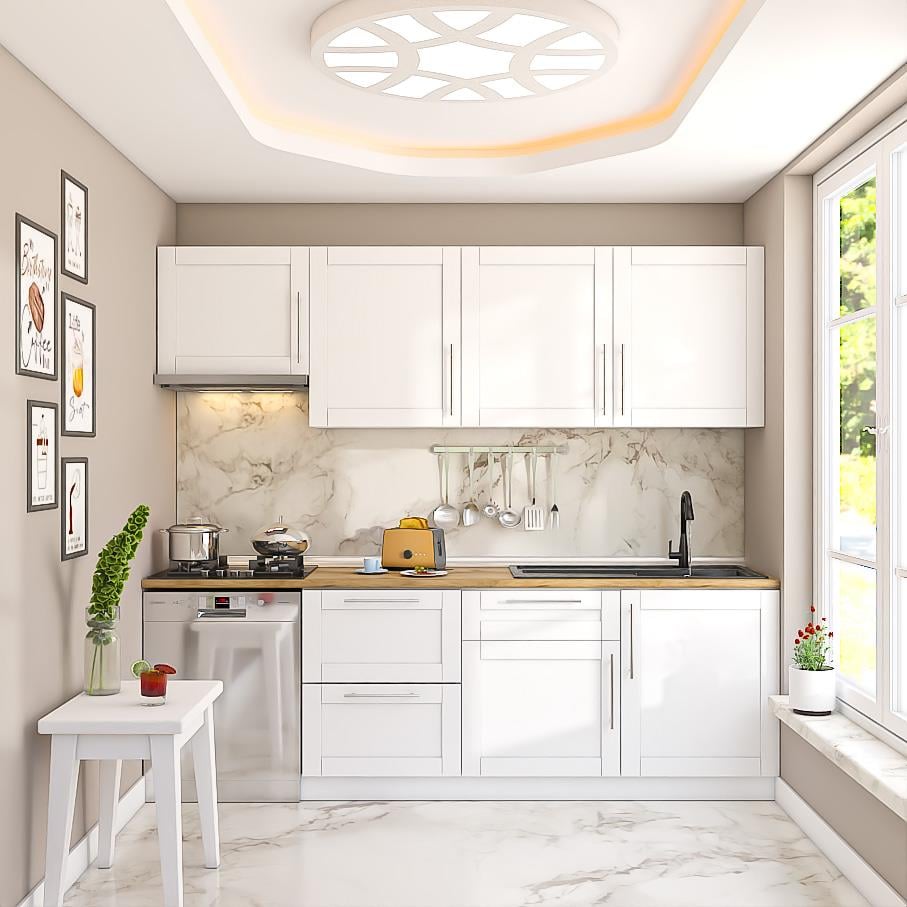 Dekorex Pia Beyaz Serisi 240 Cm Beyaz Aspiratör Ve Çekmece Modüllü Meşe Tezgahlı Hazır Mutfak PB-240asp-bc-mt
