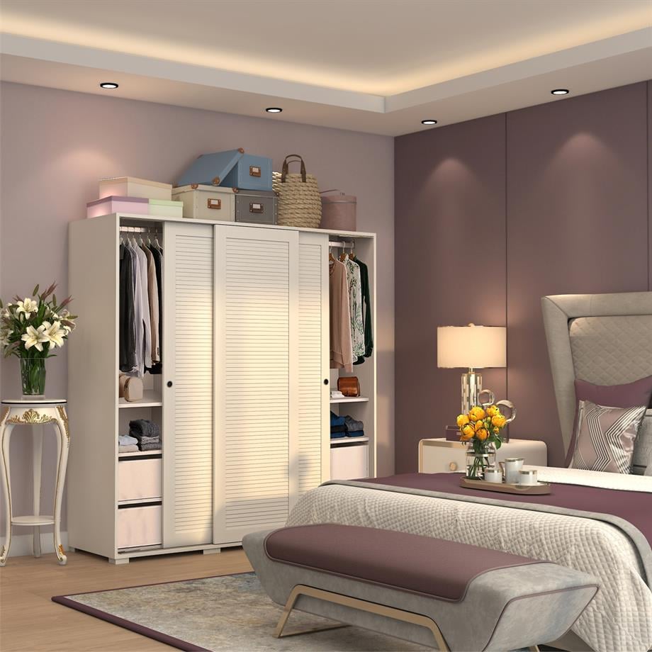 Dekorex SRG220-4-Beyaz Panjur Kapaklı 4 Çekmeceli Sürgülü Gardırop