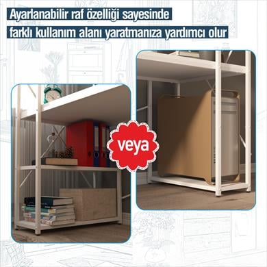 Dekorex CLM108-Beyaz Metal Kitaplıklı Çalışma Masası