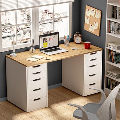 Dekorex CLM113-Meşe 10 Çekmeceli Çalışma Masası