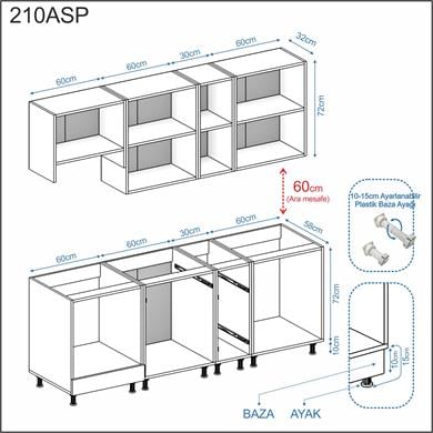 Dekorex Elsa Serisi 210 Cm Beyaz Aspiratör Ve Fırın Modüllü Siyah Tezgahlı Hazır Mutfak Ls-210asp-st