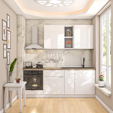 Dekorex Elsa Serisi 210 Cm Beyaz Fırın Modüllü Meşe Tezgahlı Hazır Mutfak Ls-210dav-mt