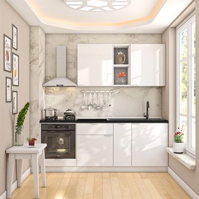 Dekorex Elsa Serisi 210 Cm Beyaz Fırın Modüllü Siyah Tezgahlı Hazır Mutfak Ls-210dav-st