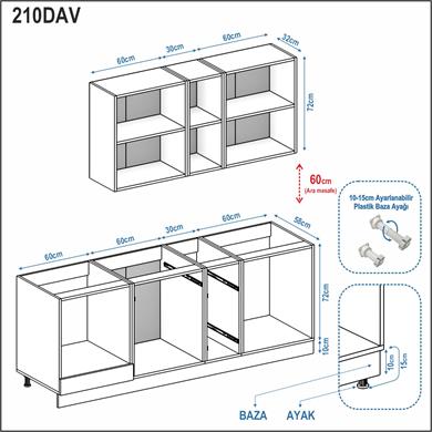 Dekorex Elsa Serisi 210 Cm Beyaz Fırın Modüllü Meşe Tezgahlı Hazır Mutfak Ls-210dav-mt