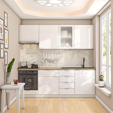 Dekorex Elsa Serisi 225 Cm Beyaz Aspiratör Ve Fırın Modüllü Meşe Tezgahlı Hazır Mutfak Ls-225asp-mt