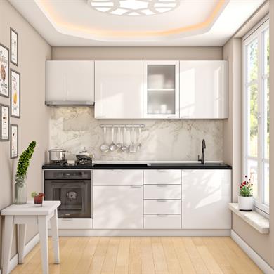 Dekorex Elsa Serisi 225 Cm Beyaz Aspiratör Ve Fırın Modüllü Siyah Tezgahlı Hazır Mutfak Ls-225asp-st