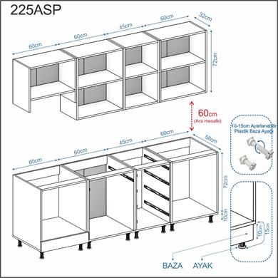 Dekorex Elsa Serisi 225 Cm Beyaz Aspiratör Ve Fırın Modüllü Siyah Tezgahlı Hazır Mutfak Ls-225asp-st