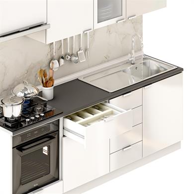 Dekorex Elsa Serisi 225 Cm Beyaz Aspiratör Ve Fırın Modüllü Siyah Tezgahlı Hazır Mutfak Ls-225asp-st