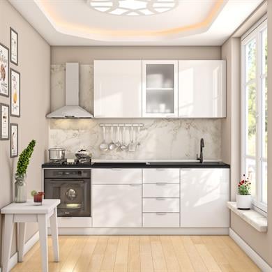 Dekorex Elsa Serisi 225 Cm Beyaz Fırın Modüllü Siyah Tezgahlı Hazır Mutfak Ls-225dav-st
