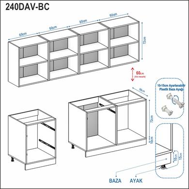 Dekorex Elsa Serisi 240 Cm Beyaz Çekmece Modüllü Siyah Tezgahlı Hazır Mutfak Ls-240dav-bc-st