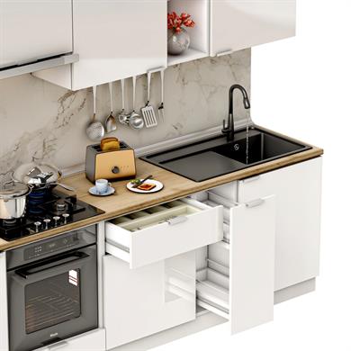 Dekorex Elsa Serisi 270 Cm Beyaz Aspiratör Ve Fırın Modüllü Meşe Tezgahlı Hazır Mutfak Ls-270asp-mt