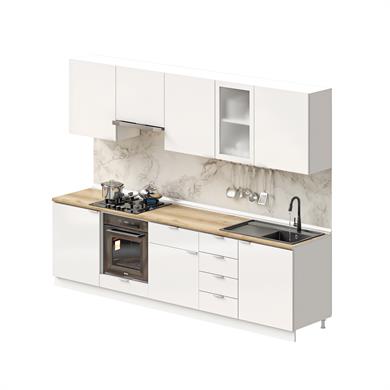 Dekorex Elsa Serisi 285 Cm Beyaz Aspiratör Ve Fırın Modüllü Meşe Tezgahlı Hazır Mutfak Ls-285asp-mt
