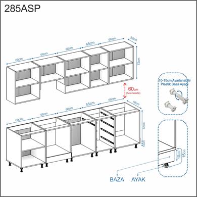 Dekorex Elsa Serisi 285 Cm Beyaz Aspiratör Ve Fırın Modüllü Siyah Tezgahlı Hazır Mutfak Ls-285asp-st