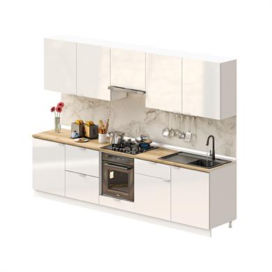 Dekorex Elsa Serisi 300 Cm Beyaz Aspiratör Fırın Ve Çekmece Modüllü Meşe Tezgahlı Hazır Mutfak Ls-300asp-c-mt