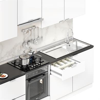 Dekorex Elsa Serisi 300 Cm Beyaz Aspiratör Fırın Ve Çekmece Modüllü Siyah Tezgahlı Hazır Mutfak Ls-300asp-c-st