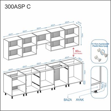 Dekorex Elsa Serisi 300 Cm Beyaz Aspiratör Fırın Ve Çekmece Modüllü Meşe Tezgahlı Hazır Mutfak Ls-300asp-c-mt
