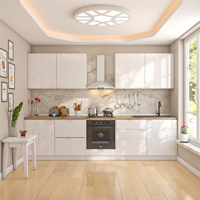 Dekorex Elsa Serisi 300 Cm Beyaz Fırın Ve Çekmece Modüllü Meşe Tezgahlı Hazır Mutfak Ls-300dav-c-mt