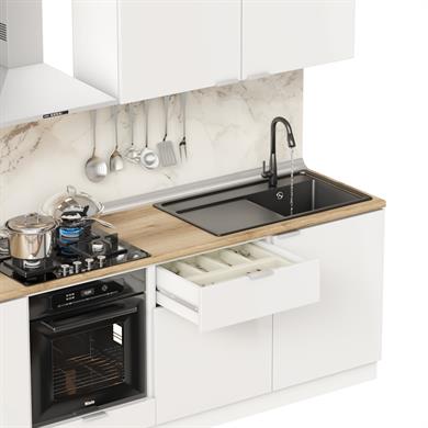 Dekorex Elsa Serisi 300 Cm Beyaz Fırın Ve Çekmece Modüllü Meşe Tezgahlı Hazır Mutfak Ls-300dav-c-mt