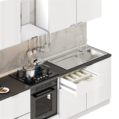 Dekorex Elsa Serisi 300 Cm Beyaz Fırın Ve Çekmece Modüllü Siyah Tezgahlı Hazır Mutfak Ls-300dav-c-st