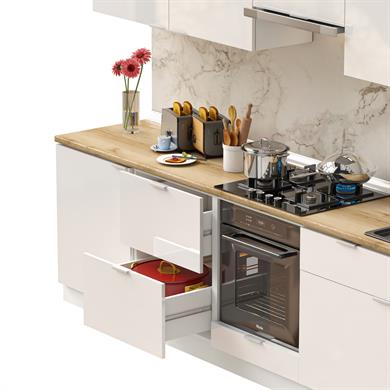 Dekorex Elsa Serisi 300 Cm Beyaz Fırın Ve Çekmece Modüllü Meşe Tezgahlı Hazır Mutfak Ls-300dav-c-mt