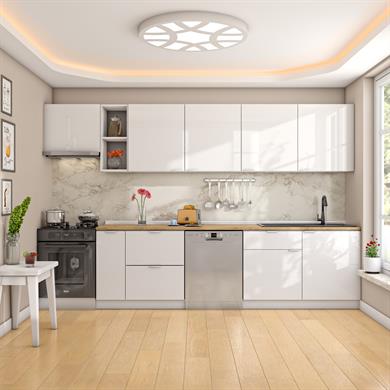 Dekorex Elsa Serisi 330 Cm Aspiratör Ve Çekmece Modüllü Meşe Tezgahlı Hazır Mutfak Ls-330asp-bc-mt