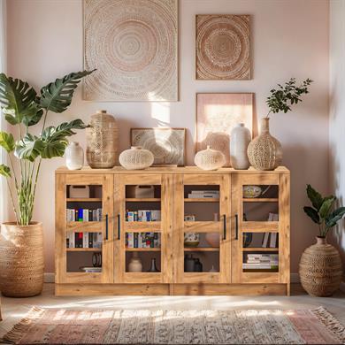 Dekorex KNS204C-Ceviz 4 Cam Kapaklı Ceviz Konsol