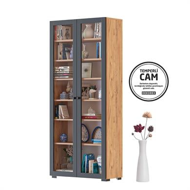 Dekorex KTP211-C-Antrasit 2 Cam Kapaklı 6 Raflı Yüksek Kitaplık