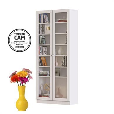 Dekorex KTP211-C-Beyaz Cam Kapaklı Yüksek Kitaplık